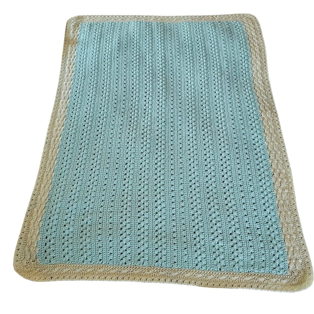 Crochet Afghan Blanket Teal Blue Yellow Baby Small 44" x 32" Scalloped GIFT